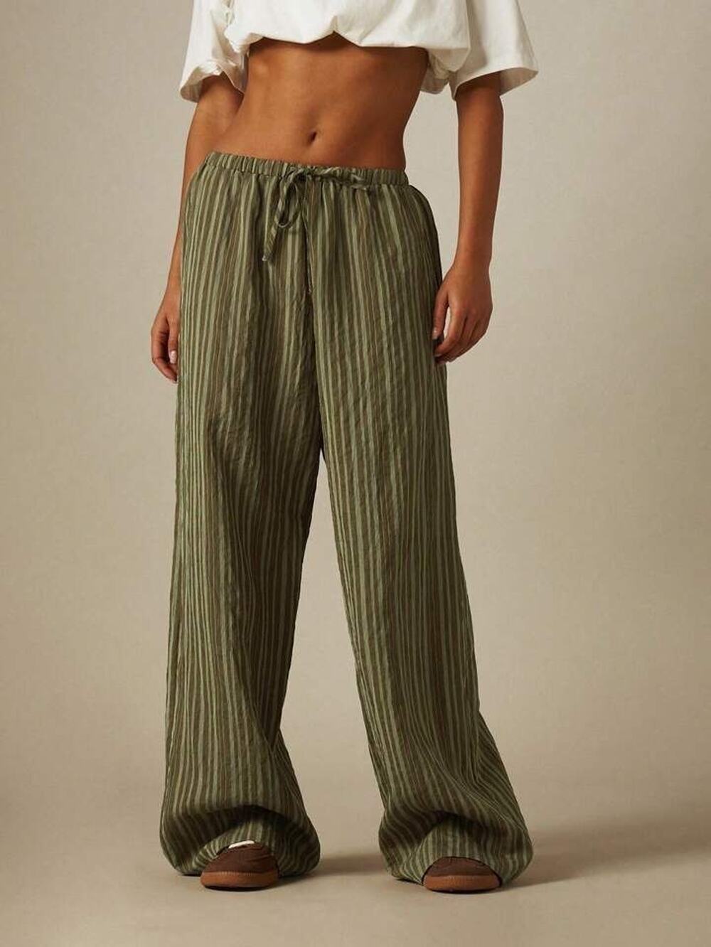 Zara Green Striped Drawstring Wide Leg Pants Relaxed Pull On Beach Pant Size M